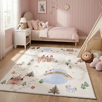 Rug Branch Soft Steps Playtime Licornes, Chateau, Carte routiere, Tapis educatif doux, Blanc Bleu - Garcons et filles dans la salle de jeux, la creche, la chambre