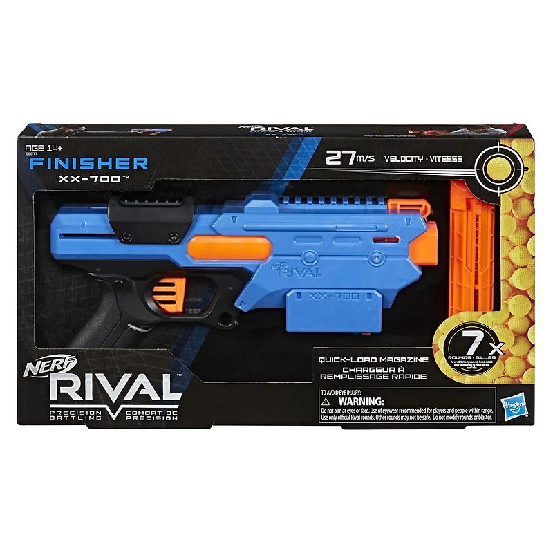 Blaster Nerf Rival Finisher XX-700, chargeur à remplissage rapide, mécanisme à ressort, 7 billes en mousse Nerf Rival officielles, équipe bleue