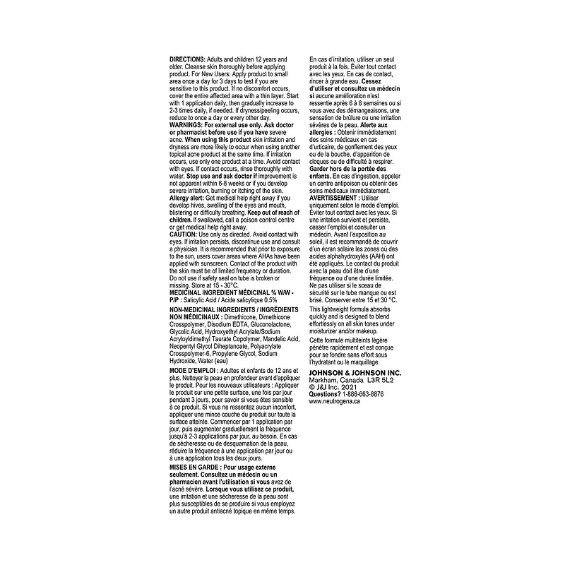 Sérum quotidien Points noirs tenaces Neutrogena, traitement antiacné à base d'AAH, d'acide salicylique, et d'acides glycolique + mandélique + polyhydroxylé, Sans parfum 29 ml