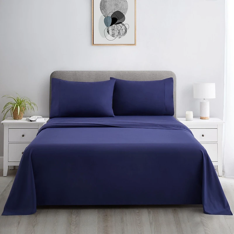Marina Decoration 600 Thread Count Ultra Soft Deep Pocket Hotel Standard Solid Bedding Long Staple Percale Cotton All Season Sheet Set, Navy Blue Color