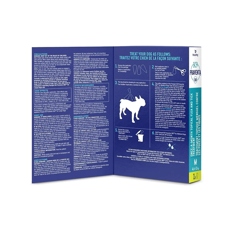 Parapet K9 Praventa 360™ Flea & Tick Treatment, For Medium Dogs from 4.6kg to 11kg, 1 Tube