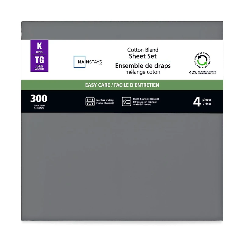 Mainstays 4-Piece 300 Thread Count Grey- CVC Cotton Blend Bed Sheet Set, Double (Adult), Double Sheet Set