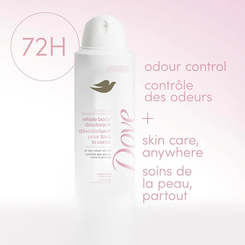 Dove Whole Body Deodorant Aluminum Free, Cooling Dry Spray Raspberry & Rose Scent