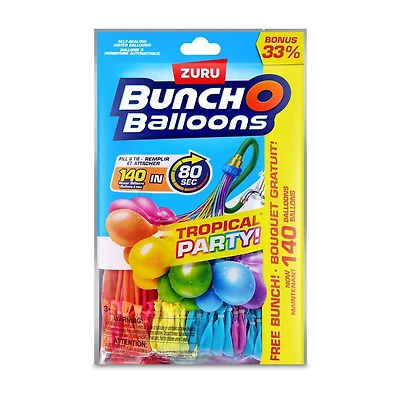Bunch O Balloons – Fête tropicale, lot gratuit inclus   140 ballons à eau à remplissage rapide et auto-scellants (emballage 3+1) de ZURU   Des ballons à eau pour toute la famille : enfants, adolescent