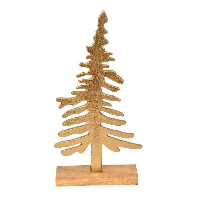 Sapin de Noël en aluminium coulé avec base en bois, décoration de table, doré, 12,5 pouces, par Holiday Time