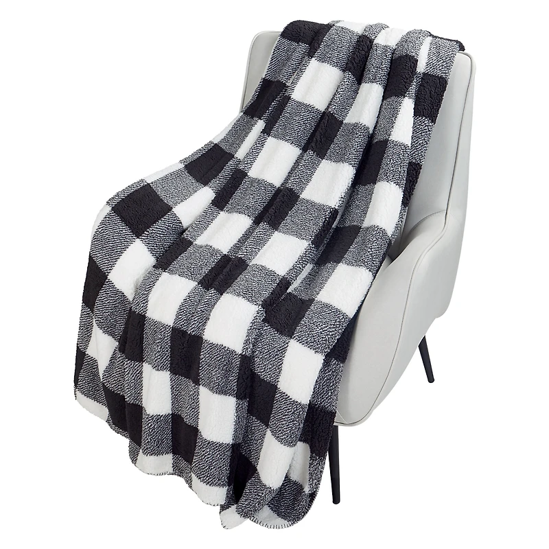 HOMETRENDS Black Checker Faux Shearling Blanket, Twin