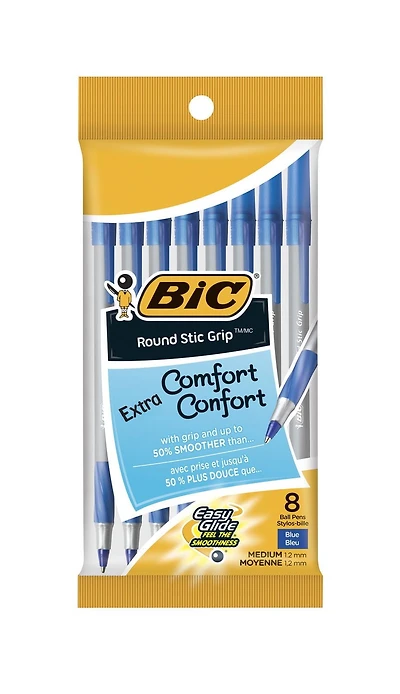 Stylo-bille BIC Round Stic Grip Extra Confort, pointe moyenne (1,2 mm), encre bleue, prise extradouce pour un meilleur confort et contrôle, paquet de 8 Lot de 8