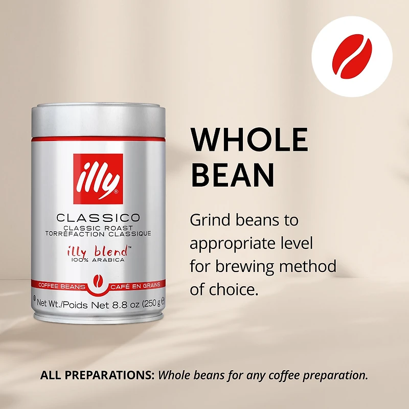illy Coffee Beans Classico Medium Roast, 8.8 oz, • Unique pressurized coffee packaging preserves flavor • Sourced from the finest 100% Arabica coffee • Beautifully balanced and consistent taste