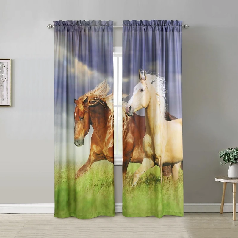 Loft Living Real Horses filtrant la lumière Passe-tringle rideau à piquets paires 74 x 84 in Multi