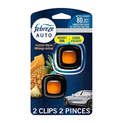 Assainisseur d’air Febreze AUTO, pince pour bouche d’air automobile qui combat les odeurs, parfum Mélange estival, 2unités 4.4ML