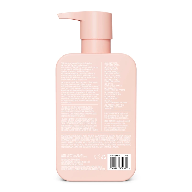 MONDAY Haircare CLARIFY Shampoo with Grapefruit Extract & Ceramides for Oily Hair Prone to Build-up