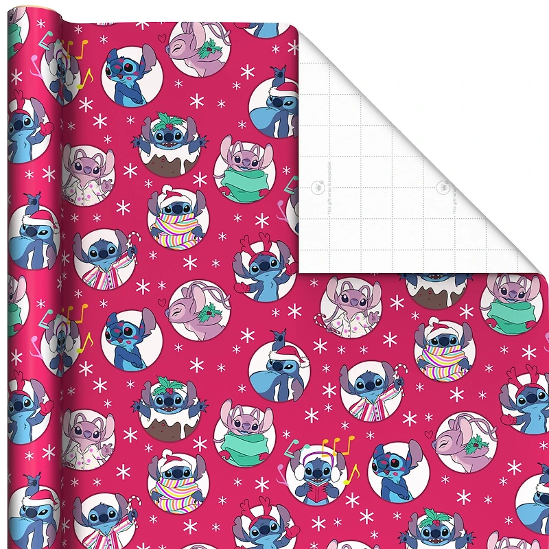 Paquet de 3 rouleaux de papier cadeau aux motifs variés des fêtes, Stitch et Angel, avec lignes de découpage au verso