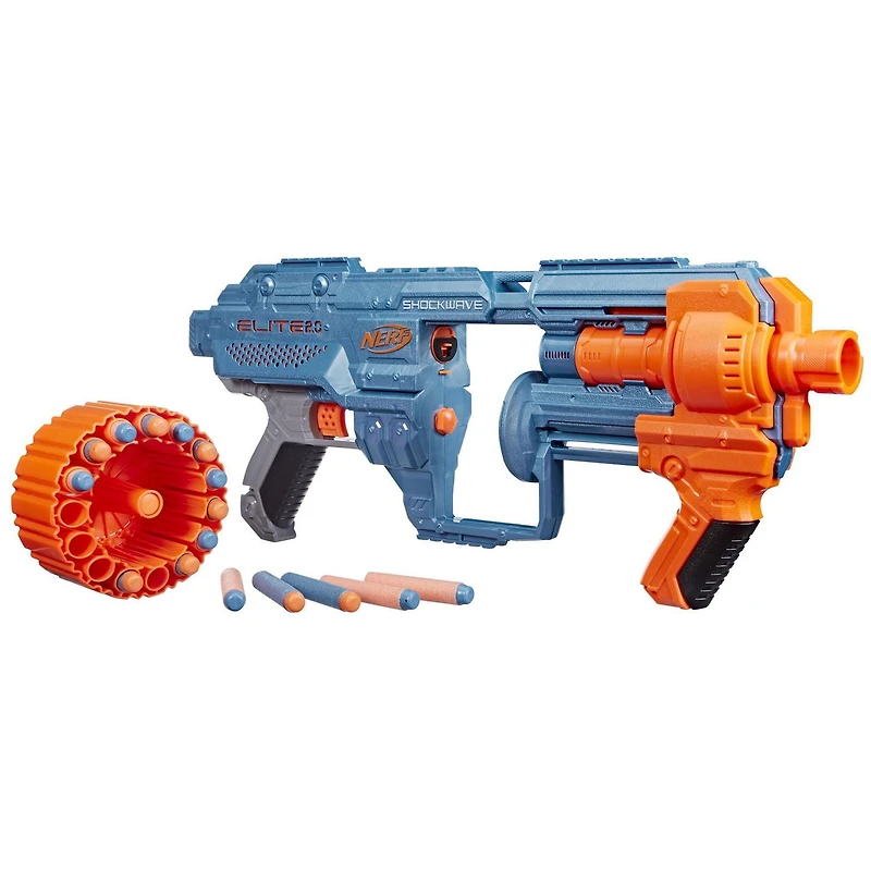 Nerf Elite 2.0 Shockwave RD-15 Blaster, 30 Nerf Darts, 15-Dart Rotating Drum, Pump-Action Slam Fire, Built-In Customizing Capabilities