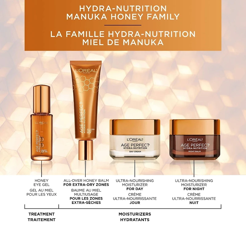 L'Oréal Paris Crème de Jour Age Perfect Hydra-Nutrition Ultra-Nourrissante avec miel de manuka + huiles précieuses, pour peau mature et très sèche