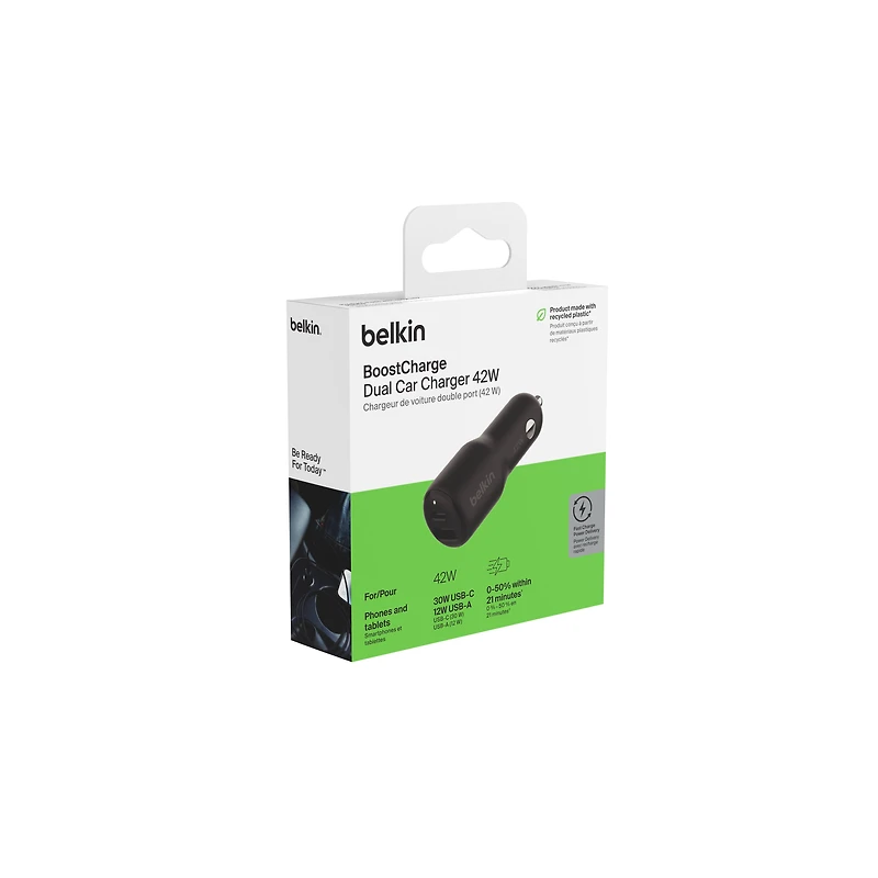 Belkin BoostCharge Dual Car Charger 42W w/Fast Charge USB-C 30W PPS & 12W USB-A Ports for Apple iPhone 15, 15 Pro, 15 Pro Max, iPhone 14 Series, iPhone 13 Series, Samsung Galaxy S23, & More - Black., 42W CAR CHARGER, 30W PD PPS USB-C, 12W USB-A,BLK