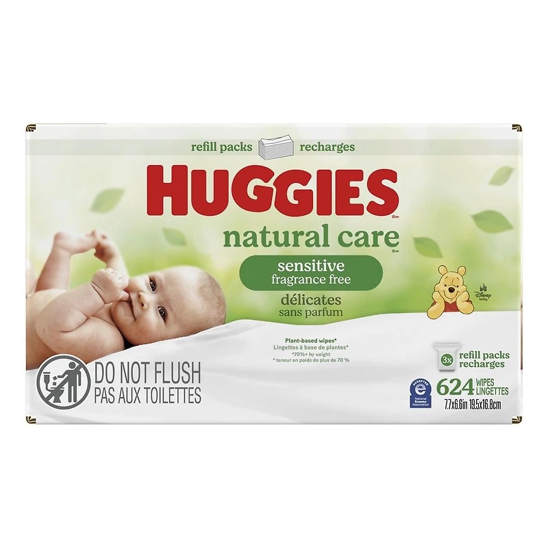 Baby Wipes, Huggies Natural Care Sensitive, UNSCENTED, 3 Refill Packs, 624 Wipes, 624 Wipes Total