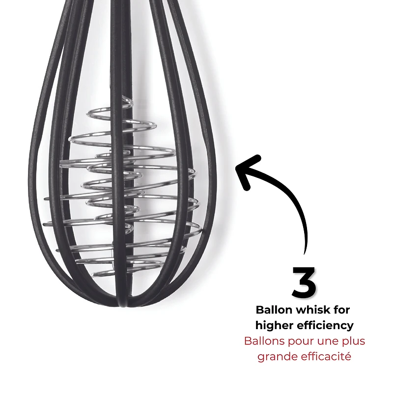 Starfrit Gourmet STEEL Nylon Whisk, High Heat Resistant, Safe for Non-Stick, Stainless Steel Handle, Three Balloon Whisk for Efficiency, Integrated Rest, Dishwasher Safe, Whisk sauces, creams and eggs with ease using the Starfrit Gourmet STEEL Nylon Whisk. Its 430-grade stainless steel handle and heat-resistant nylon head are safe for non-stick cookware. Features an integrated rest and triple-balloon design for efficient whisking. Dishwasher safe.