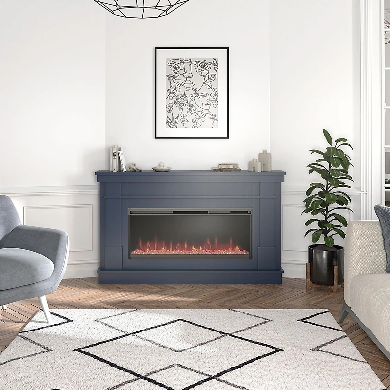 Novogratz Waverly Wide Mantel with Linear Electric Fireplace & Crystal Ember Bed, White Marble