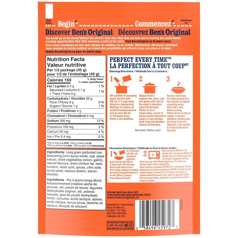 BEN'S ORIGINAL VITE & BON saveur poulet champêtre riz d'accompagnement, sachet de 132 g La perfection à tout coupMC