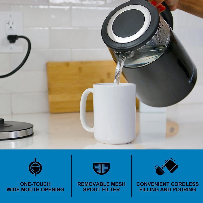 Kenmore Bouilloire électrique 1,7 L Bouilloire électrique portable en verre avec contrôle de la température Affichage numérique, Bouilloire électrique en verre avec couvercle, Noir