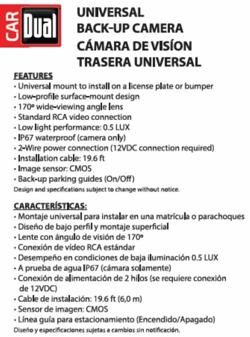 Caméra de recul couleur étanche Dual Electronics XCAM200, objectif grand angle de vision