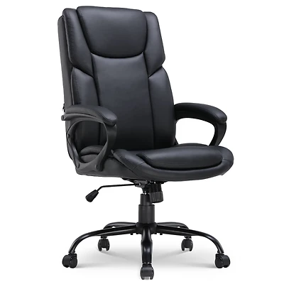 Chaise de bureau ergonomique à dossier haut en cuir Mainstays Executive, noire. Conçue pour les adultes, cette chaise est idéale pour les professionnels, les travailleurs à distance et les étudiants u