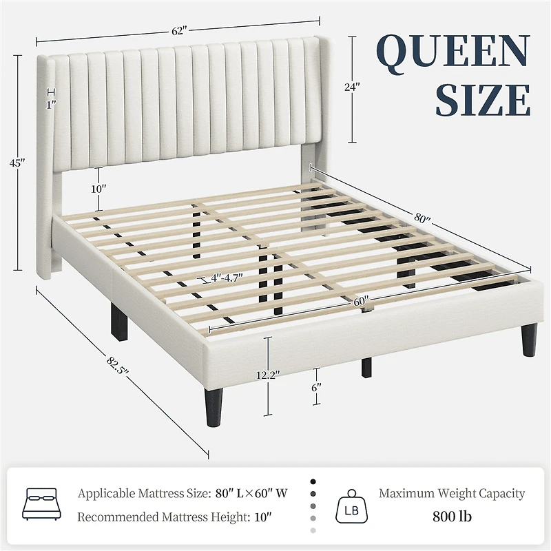 Fullfurnique Upholstered Bed Frame with Wing Side and Channel Headboard, King, Ivory