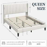 Fullfurnique Upholstered Bed Frame with Wing Side and Channel Headboard, King, Ivory