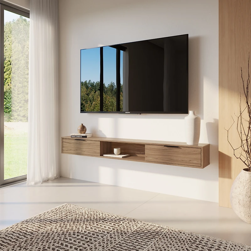 Nexera Slim 72" Wall-Mounted TV Stand with 2 Cabinets, Light Walnut