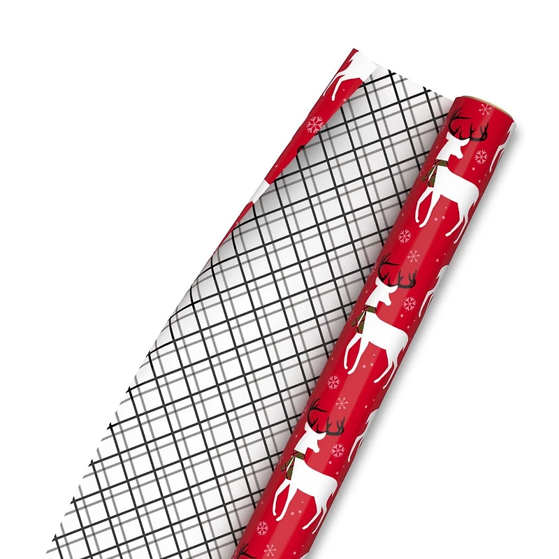 Hallmark Reversible Christmas Wrapping Paper (Reindeer and Holiday Plaid)