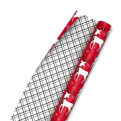 Hallmark Reversible Christmas Wrapping Paper (Reindeer and Holiday Plaid)