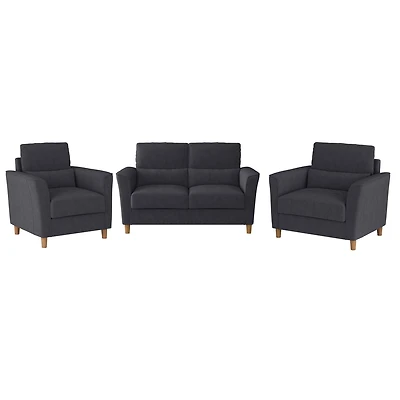 CorLiving Caroline 3-Piece Modern Fabric Upholstered Living Room Furniture Set with Loveseat and 2 Chairs, Dark Grey