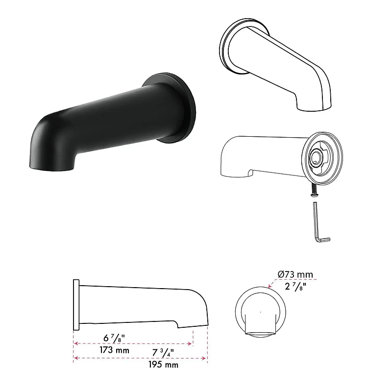 akuaplus® Matte Black 3-Way diverter Pressure Balance Bath Shower Valve Set round w/ 1-Setting Shower head and Spout