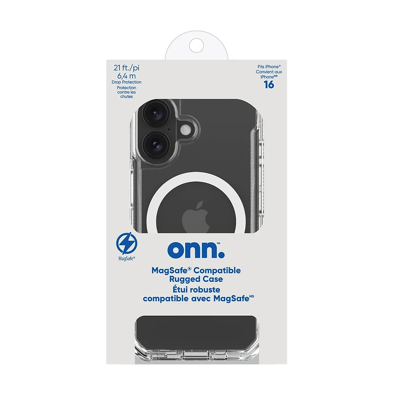 onn. iPhone 16 MagSafe Compatible Rugged Phone Case with Smartport Protection, Clear, Drop tested to 21 ft./6.4 m