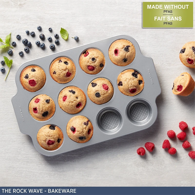 Starfrit The Rock Wave 12 Cup Non-Stick Muffin Pan - Durable Carbon Steel - Oven Safe - PFOA Free - Easy to Clean - Grey