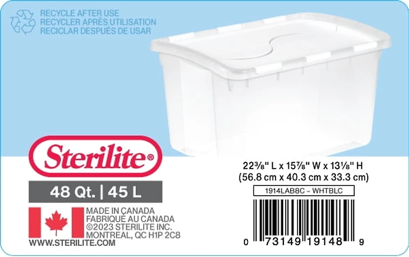 Boîte de rangement de Sterilite de 45L avec couvercle à charnière en blanc