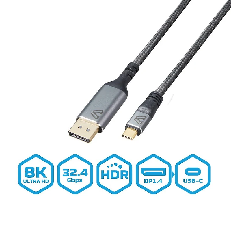 BlueDiamond câble PRO USB-C vers DP 8K Ultra HD - 48Gbps - HDR Dynamique - DP 1.4 - USB-C - 8K@60Hz, 4K@120Hz, 6pi