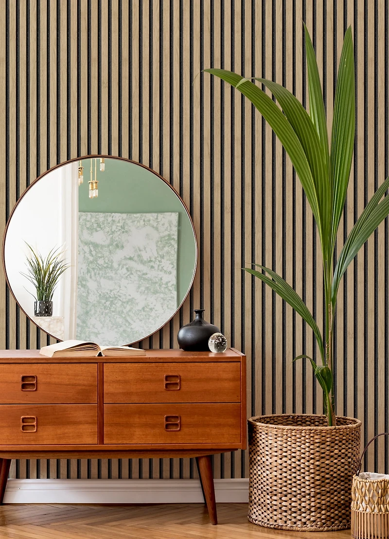 Roommates Studio Cream Oak Slat Peel and Stick Wallpaper 30.75 Sq. ft