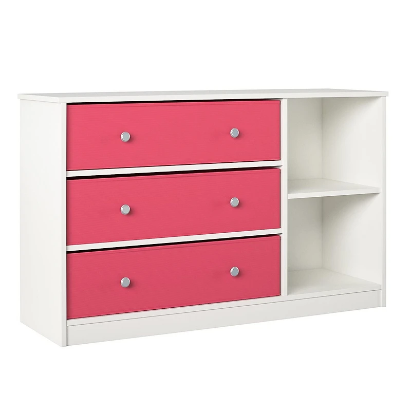 Grande commode et ses 3 tiroirs en tissu Mya Park d’Ameriwood Home, blanche et tiroirs verts