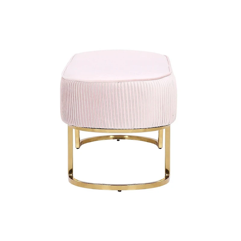 Banc Elinor, banc en velours, banc ovale en velours, banc ovale avec pieds dorés, banc sans dossier, repose-pieds en velours bleu, banc de chambre à coucher, banc d'entrée, banc de salon