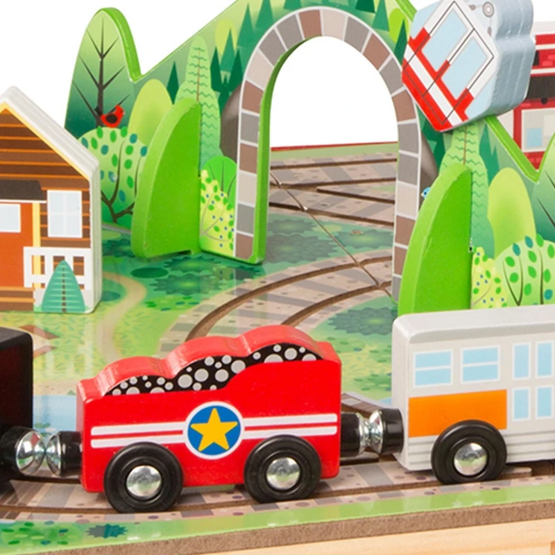 Melissa & Doug Chemin de fer de table en bois de 17 pièces, 3 trains, camion, pièces de jeu, pont - certifié FSC