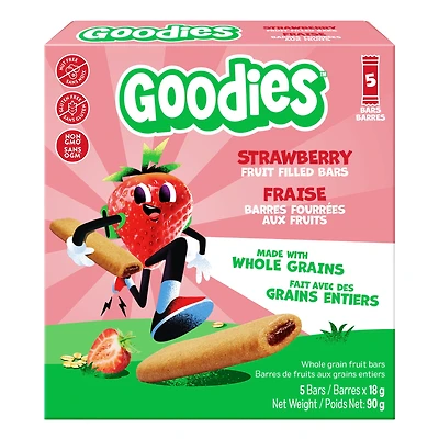 Goodies Barres aux Fruits Fraise, Collation de Grains Entiers Sans Gluten pour Enfants 4 Ans et Plus, Sans Noix, Source de Fibres, Barre 18g (Emballage de 5), 90g