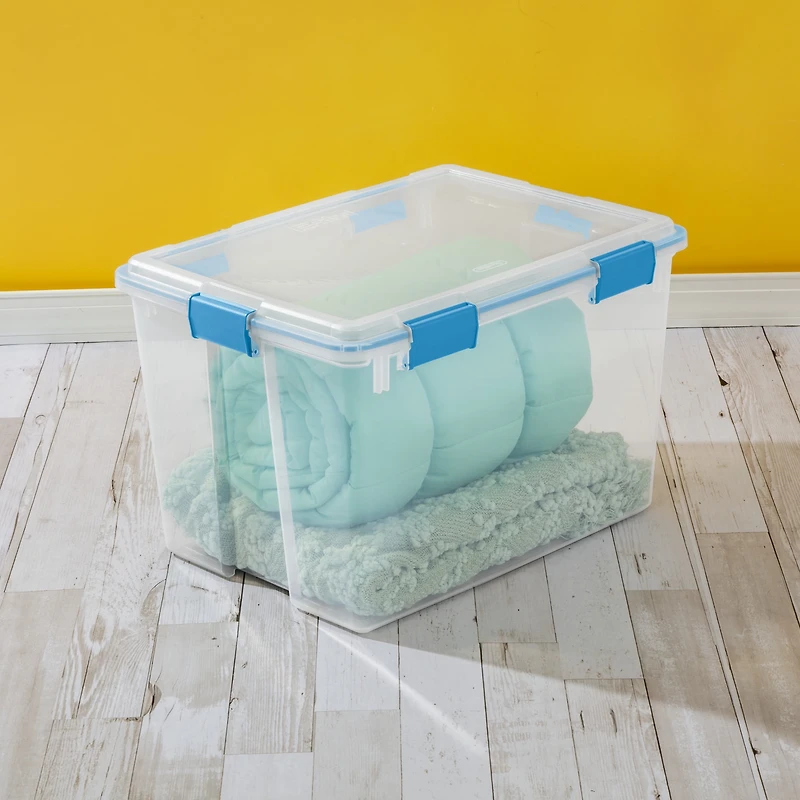 Sterilite Boîte à joint d’étanchéité de 71 L, grand bac de rangement transparent résistant aux intempéries avec couvercle à loquet, bleu