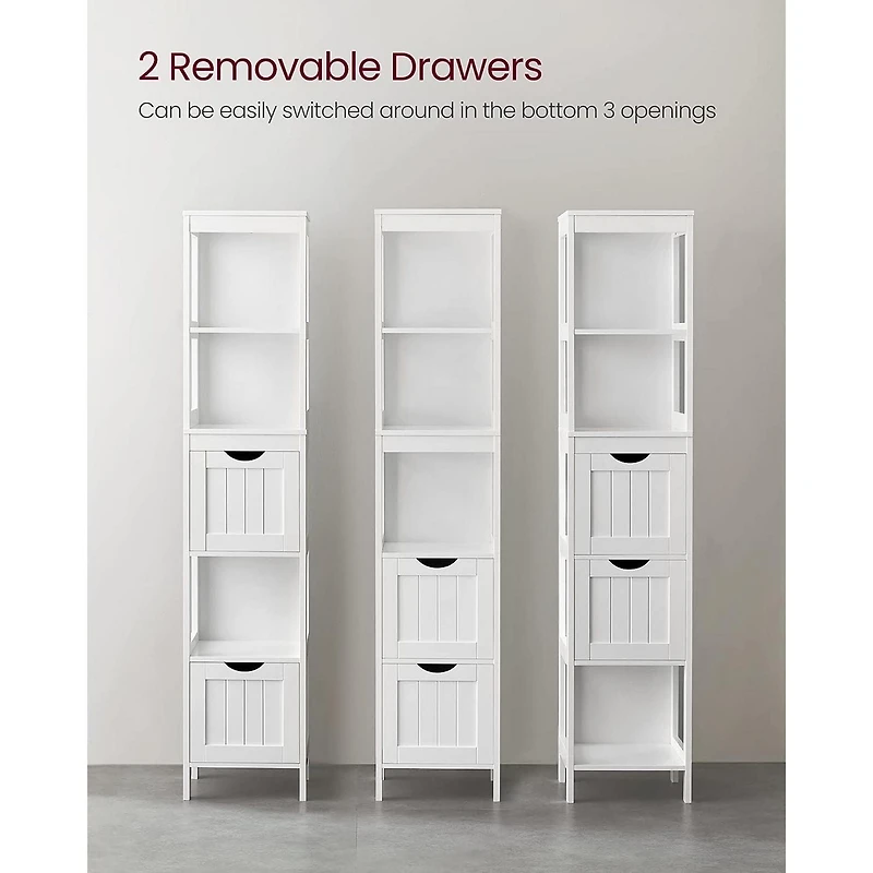Boutique Home Bathroom Tall Cabinet Freestanding Storage Unit with 2 Drawers and 3 Open Shelves, White