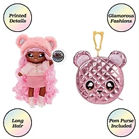 Poupée-mannequin Na Na Na Surprise 2 en 1 et sac à main métallique de la série Glam - Cali Grizzly, poupée aux cheveux roses avec un sac à main ourson rose