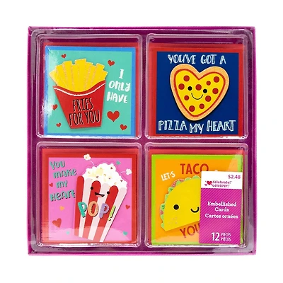Assorted Valentines Kiddie Cards, 12 count with Envelopes (Fries, Pizza, Popcorn, Taco)
