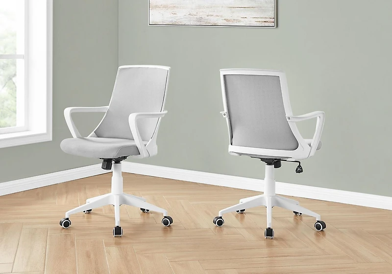 Monarch Specialties Chaise De Bureau, Hauteur Ajustable, Pivotant, Ergonomique, Appuis-bras, Bureau, Travail, Métal, Engrener, Blanc, Gris, Contemporain, Moderne