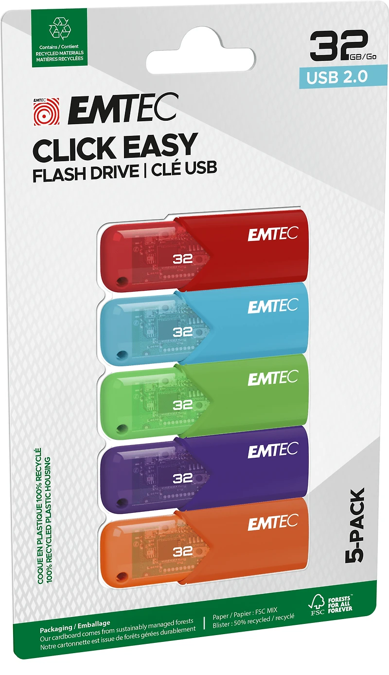 Emtec USB 2.0 Click Easy 32 Go, paquet de 5 Pack de 5 Emtec USB2.0 Click Easy 32 Go