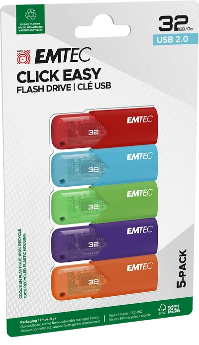 Emtec USB 2.0 Click Easy 32 Go, paquet de 5 Pack de 5 Emtec USB2.0 Click Easy 32 Go