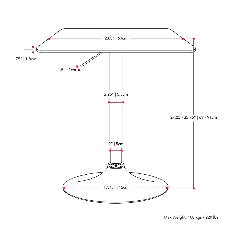 Table de bar pivotante CorLiving Maya Square, plateau en bois composite, hauteur réglable, piètement en métal, chromée/noire